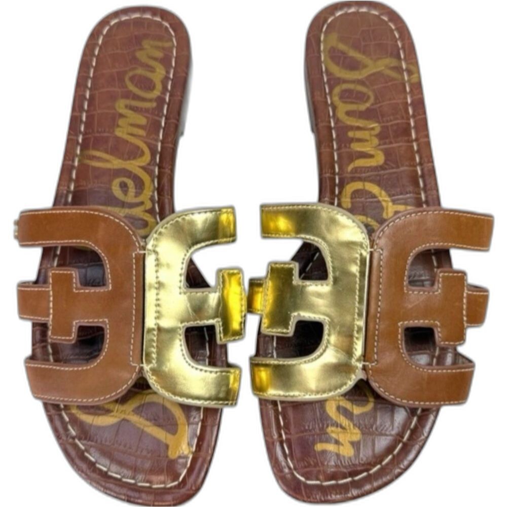 Sam Edelman Bay Leather Logo Slide Sandals Brown Gold Womens Size 7 Coastal